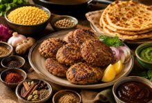 Shami kebab essentials including chana dal, spices, meat and cooking tools