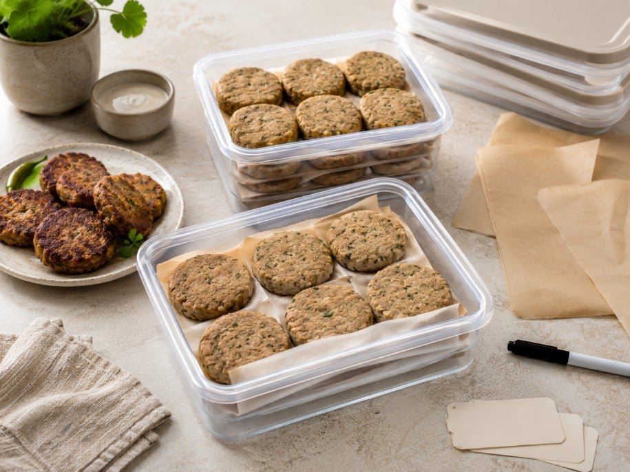Shami Kebab Essentials: What to Buy for Better Homemade Kebabs 9 Shami kebab patties stored in freezer containers with parchment separators