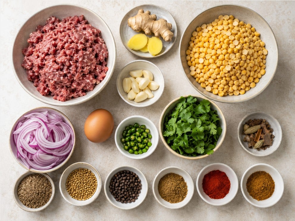 Meat, chana dal, herbs, onion, garlic and spices for shami kebab