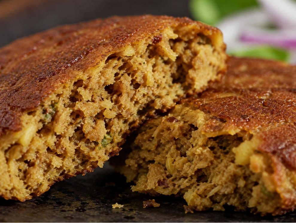 Tender interior of a meat and lentil shami kebab