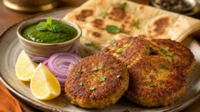 Shami kebab served with mint chutney, red onion, lemon and paratha