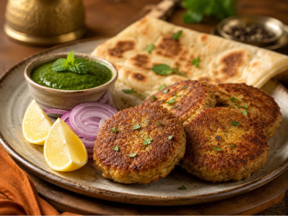 Pakistani shami kebab served with chutney, onion and lemon