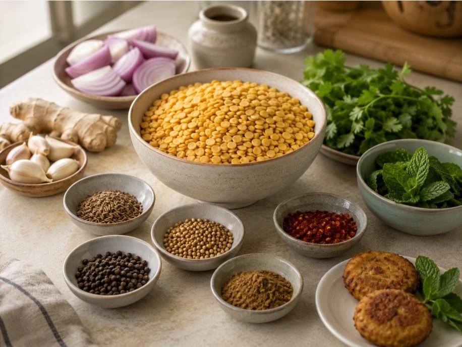 Shami Kebab Essentials: What to Buy for Better Homemade Kebabs 5 Chana dal, spices and aromatics used for shami kebab