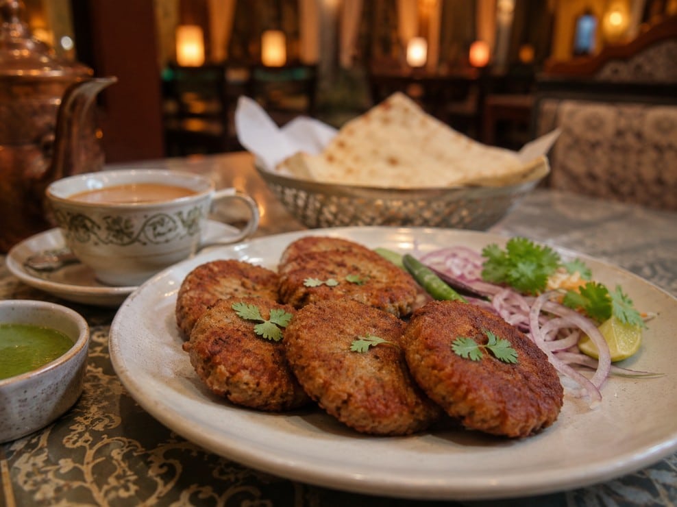 Shami kebab served at a South Asian restaurant table