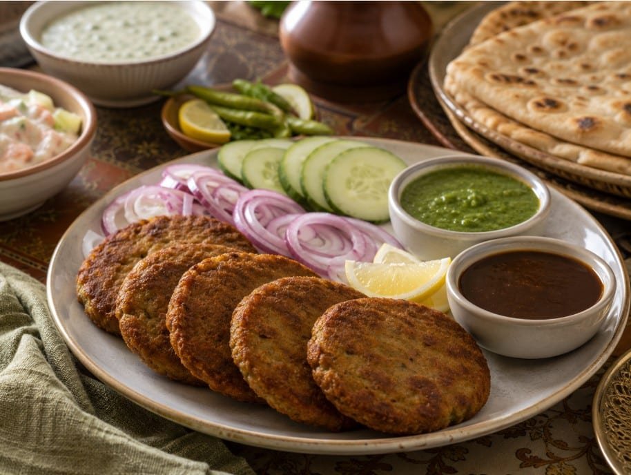 Shami Kebab Essentials: What to Buy for Better Homemade Kebabs 8 Shami kebab served with chutneys, flatbread, onion and lemon