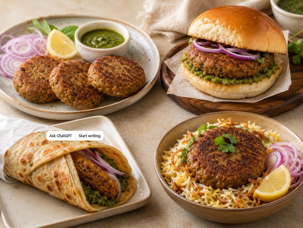 Shami kebab served as patties, bun kebab, paratha roll and rice bowl