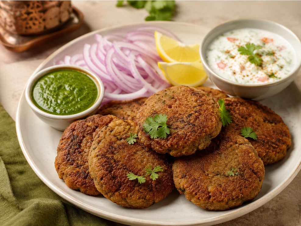 Shami kebab served with mint chutney, sliced onion and lemon