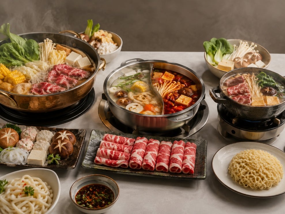 Shared communal hot pot, divided hot pot and individual personal hot pot shown side by side