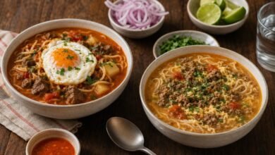 Sopa Criolla vs Sopa a la Minuta: What Is the Difference? 3 Sopa criolla with chopped beef and fried egg beside sopa a la minuta with ground beef and egg ribbons
