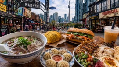 Toronto food guide with international dishes in Kensington Market and the CN Tower in the background