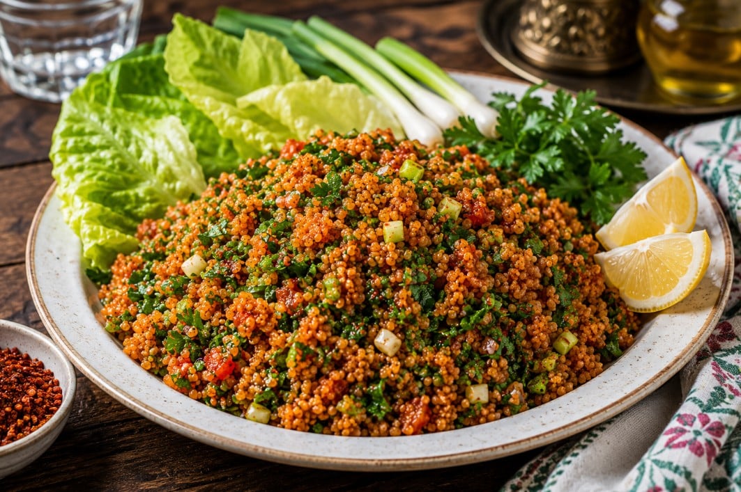 Traditional Turkish kisir served with lettuce and lemon