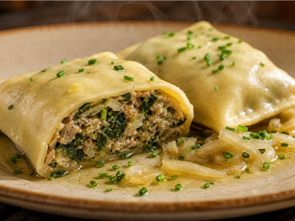Cut-open traditional Maultaschen showing sealed pasta dough and a moist integrated meat spinach and bread filling