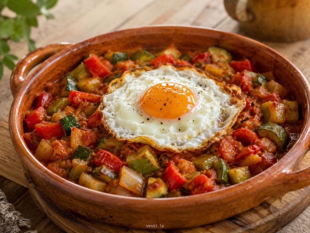 Traditional pisto manchego served with one fried egg