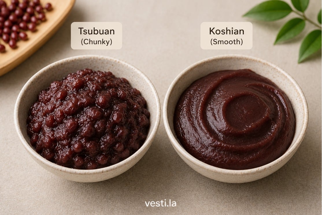Textured tsubuan and smooth koshian sweet azuki bean pastes compared side by side
