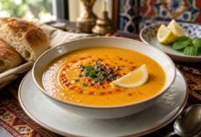 Traditional Turkish lentil soup mercimek çorbası served with lemon, red pepper oil, herbs and fresh bread