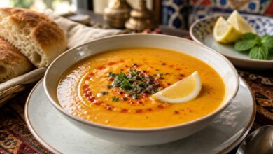 Traditional Turkish lentil soup mercimek çorbası served with lemon, red pepper oil, herbs and fresh bread