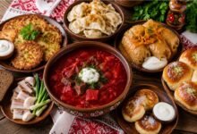 raditional Ukrainian food with borshch, varenyky, holubtsi, deruny, pampushky and syrnyky