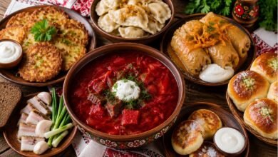 raditional Ukrainian food with borshch, varenyky, holubtsi, deruny, pampushky and syrnyky