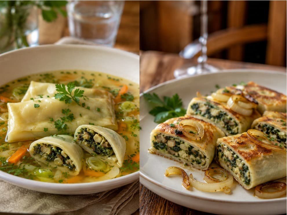 Vegetarian Maultaschen in clear vegetable broth beside sliced pan-fried Maultaschen with golden onions
