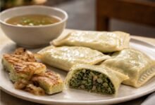 Vegetarian Maultaschen with spinach, mushroom and onion filling served with vegetable broth and pan-fried slices