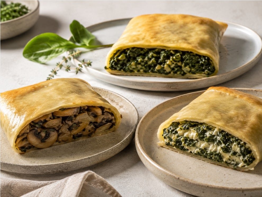 Three cut-open vegetarian Maultaschen with spinach herb, mushroom onion and spinach cheese fillings