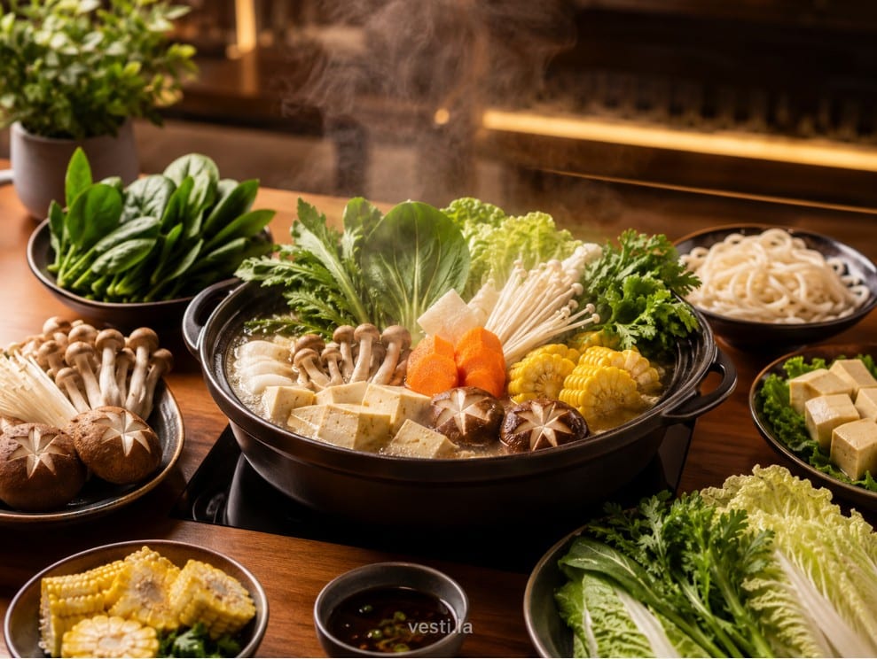 Vegetarian hot pot with tofu, mushrooms, leafy greens, corn and noodles