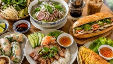 Vietnamese pho, bánh mì, grilled pork rice, fresh spring rolls and bánh xèo served with herbs, lime and dipping sauces