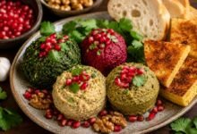 Assorted Georgian pkhali with spinach, beet, bean, walnuts, pomegranate and mchadi