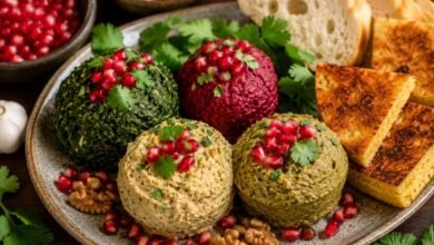 Assorted Georgian pkhali with spinach, beet, bean, walnuts, pomegranate and mchadi