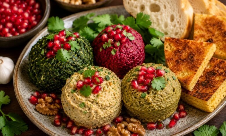 Assorted Georgian pkhali with spinach, beet, bean, walnuts, pomegranate and mchadi