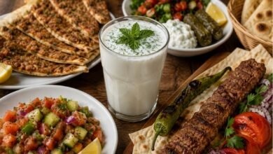 Ayran served with Adana kebab, lahmacun, Çoban salatası, stuffed grape leaves and Turkish flatbread