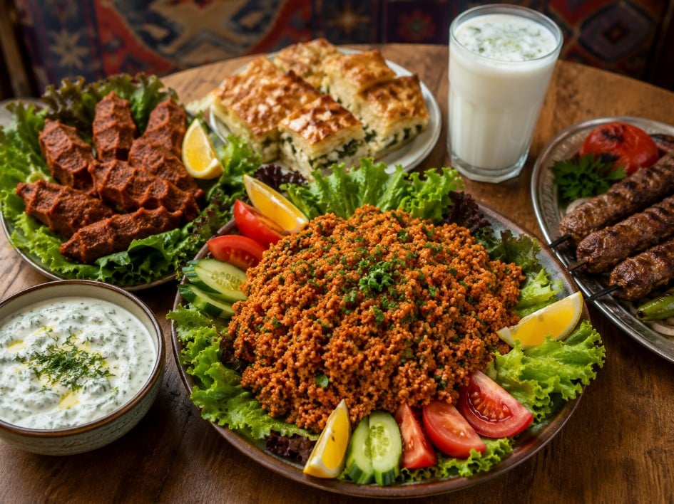 Kisir served with mercimek kofte, borek, kebab, cacik and ayran