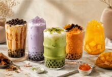 Classic milk tea, fruit tea and matcha bubble tea with tapioca pearls and wide boba straws