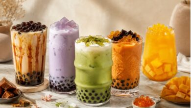 Classic milk tea, fruit tea and matcha bubble tea with tapioca pearls and wide boba straws