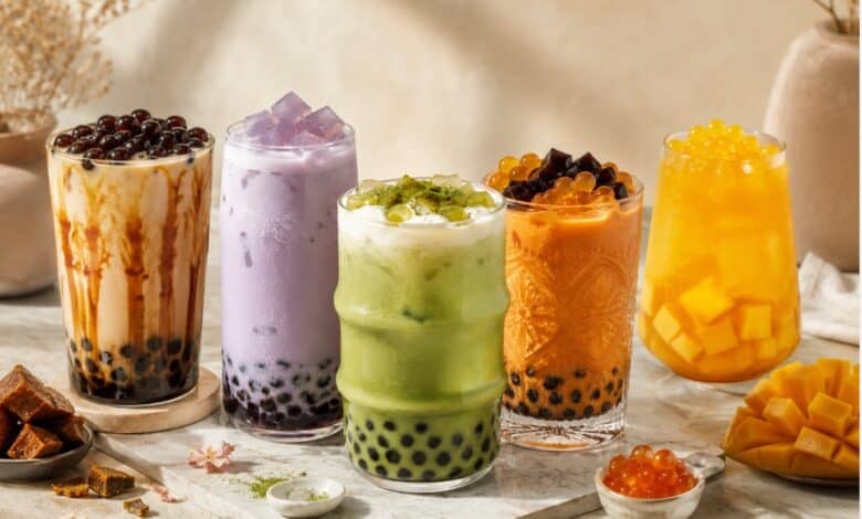 Classic milk tea, fruit tea and matcha bubble tea with tapioca pearls and wide boba straws