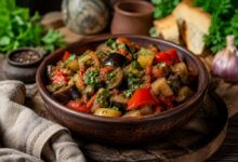 Rustic Georgian ajapsandali with eggplant, tomatoes, red peppers, potatoes and fresh herbs