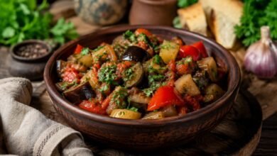 Ajapsandali vs Ratatouille: Ingredients, Flavor, Texture and Key Differences 5 Rustic Georgian ajapsandali with eggplant, tomatoes, red peppers, potatoes and fresh herbs