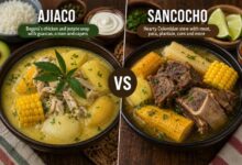 Ajiaco and sancocho compared with chicken, potatoes, corn, guascas, beef, yuca and plantain
