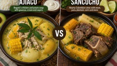 Ajiaco and sancocho compared with chicken, potatoes, corn, guascas, beef, yuca and plantain