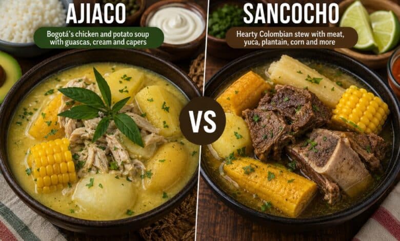 Ajiaco and sancocho compared with chicken, potatoes, corn, guascas, beef, yuca and plantain