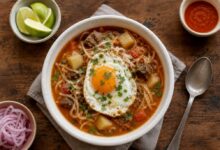 Homemade Peruvian sopa criolla with beef, noodles, potato, tomato broth and a fried egg