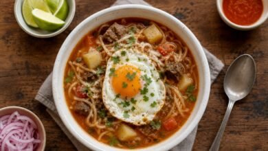 Authentic Sopa Criolla Recipe: Peruvian Beef Noodle Soup 2 Homemade Peruvian sopa criolla with beef, noodles, potato, tomato broth and a fried egg