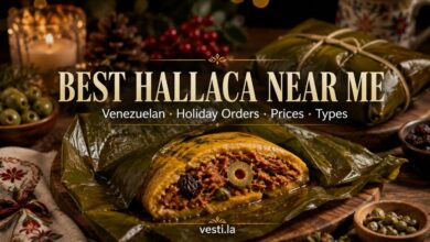 Traditional Venezuelan hallaca with seasoned corn dough, meat filling, olives and raisins wrapped in plantain leaves