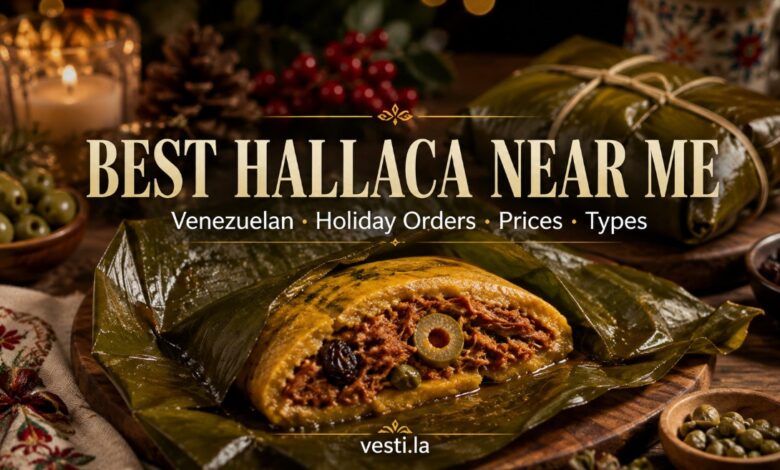 Traditional Venezuelan hallaca with seasoned corn dough, meat filling, olives and raisins wrapped in plantain leaves