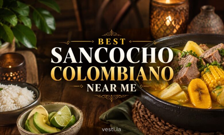 Colombian sancocho with beef, yuca, corn and plantain served with rice and avocado