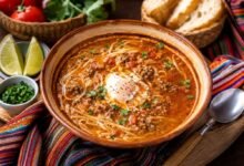 Authentic Peruvian sopa criolla with beef, thin noodles, tomato broth and a soft egg