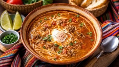 Authentic Peruvian sopa criolla with beef, thin noodles, tomato broth and a soft egg