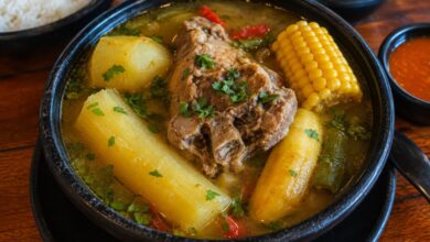Colombian sancocho with meat, yuca, plantain, corn and potatoes representing different traditional sancocho styles