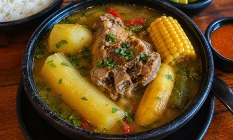 Colombian sancocho with meat, yuca, plantain, corn and potatoes representing different traditional sancocho styles