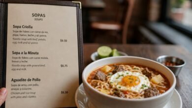 How to Order Sopa Criolla at a Peruvian Restaurant 2 Sopa criolla with beef, noodles, potato and egg beside a Peruvian restaurant soup menu